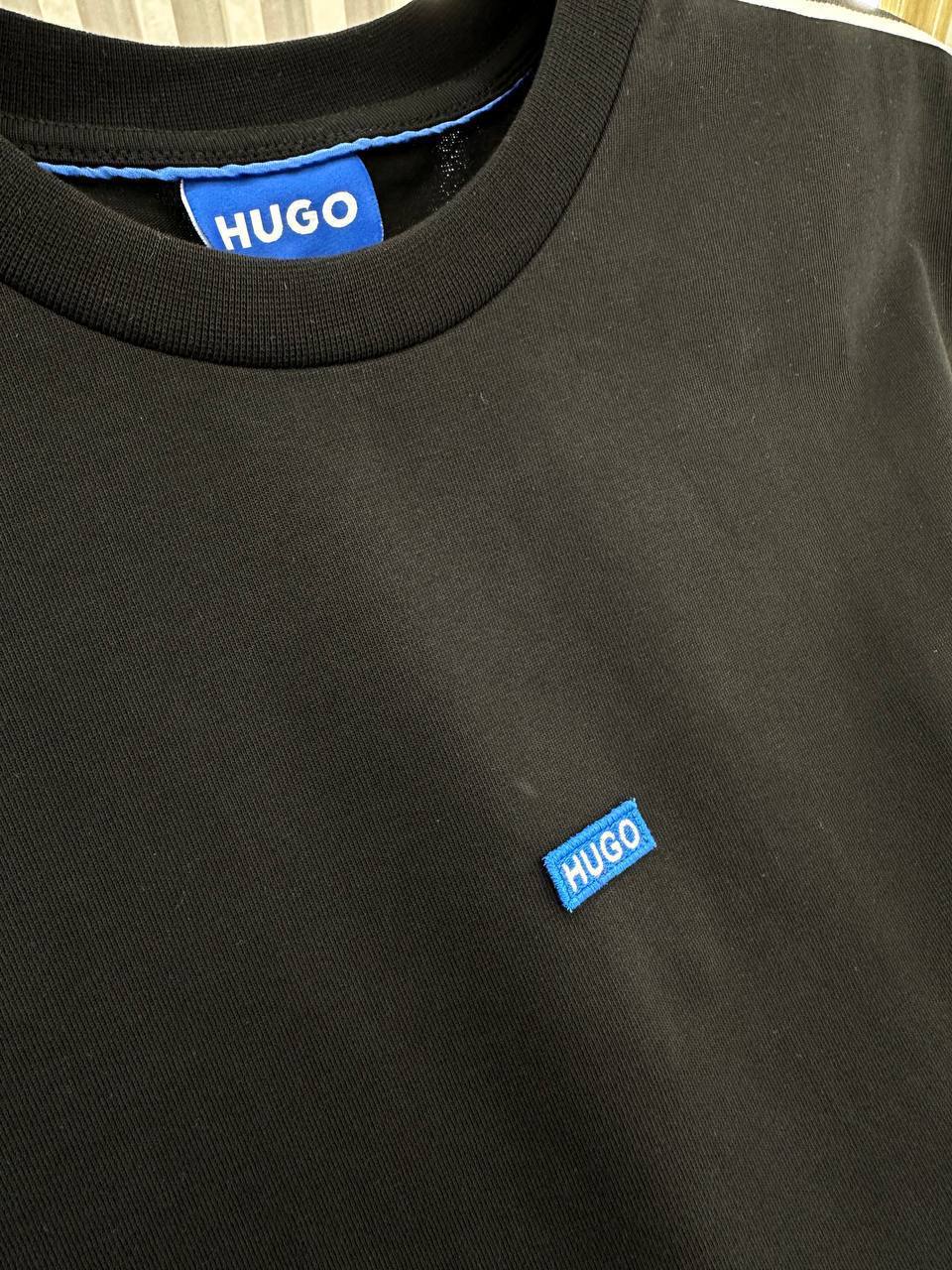 HUGO Black T-Shirt with Blue Logo & Branded Shoulders