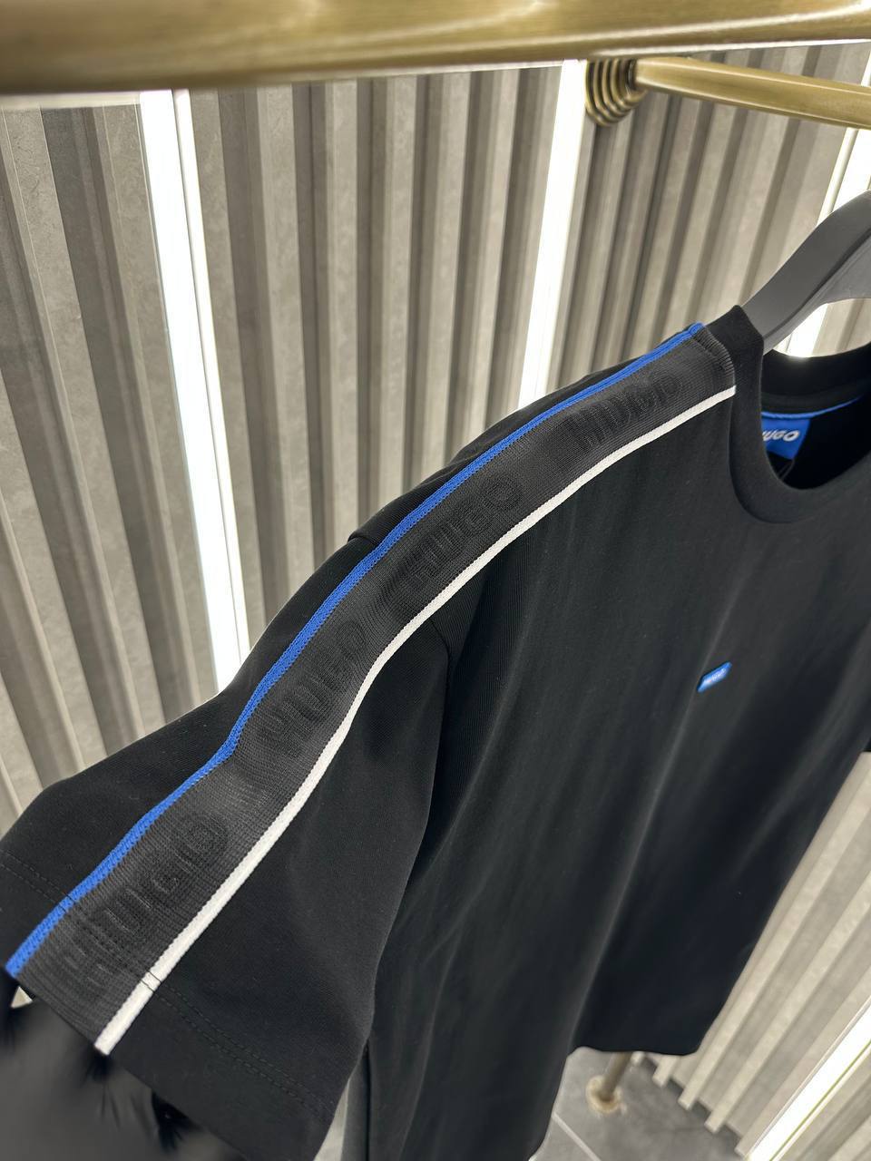 HUGO Black T-Shirt with Blue Logo & Branded Shoulders