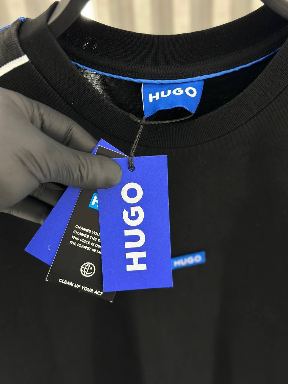 HUGO Black T-Shirt with Blue Logo & Branded Shoulders