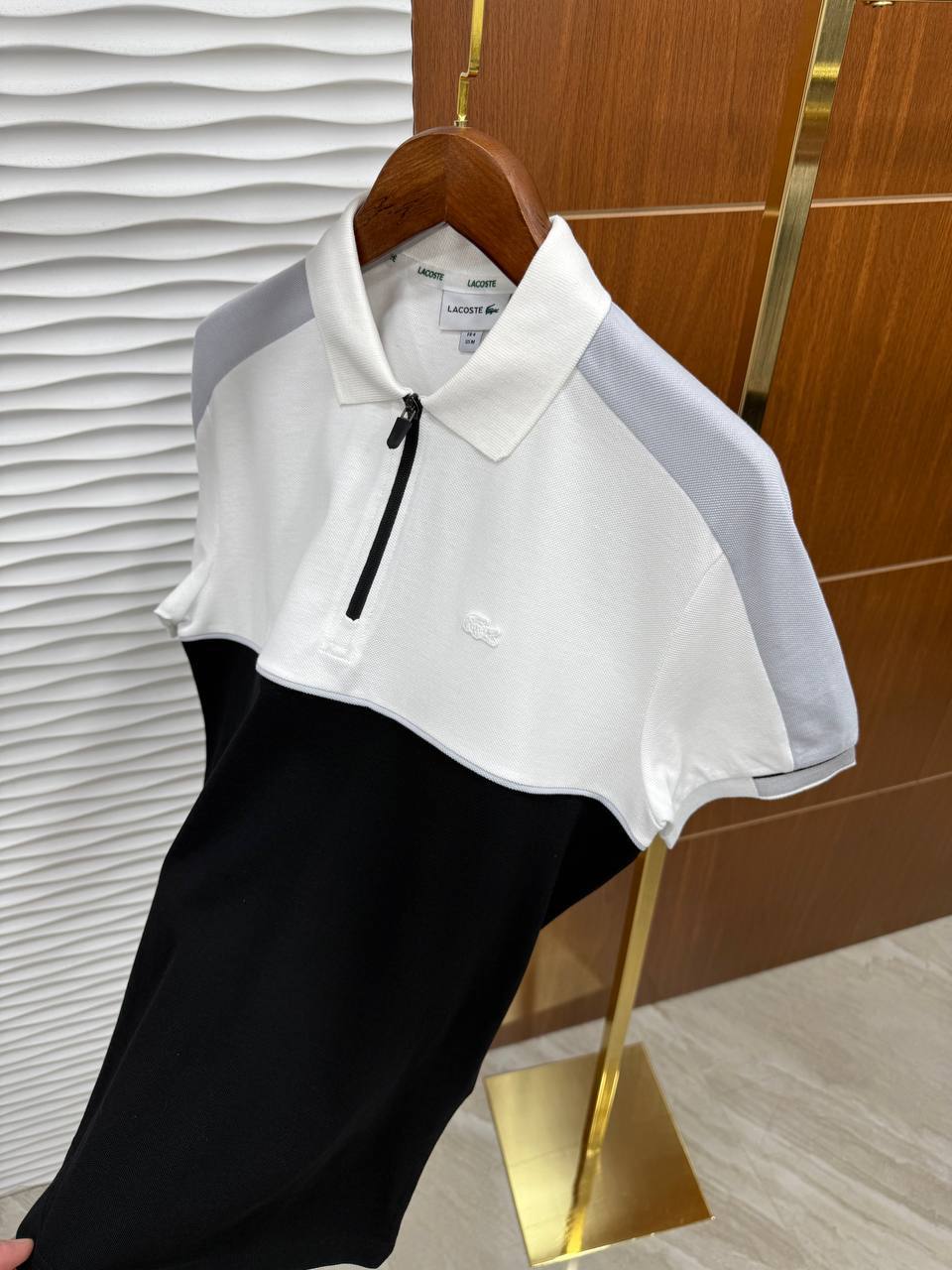 LACOSTE Zip Polo Shirt – White, Grey & Black