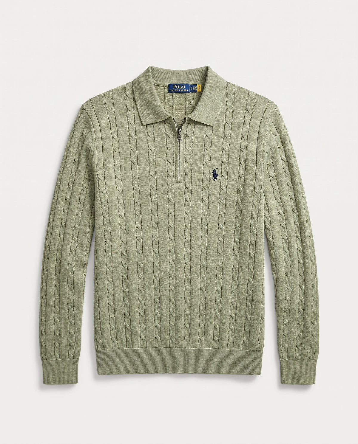 Cable knit quarter-zip in sage green