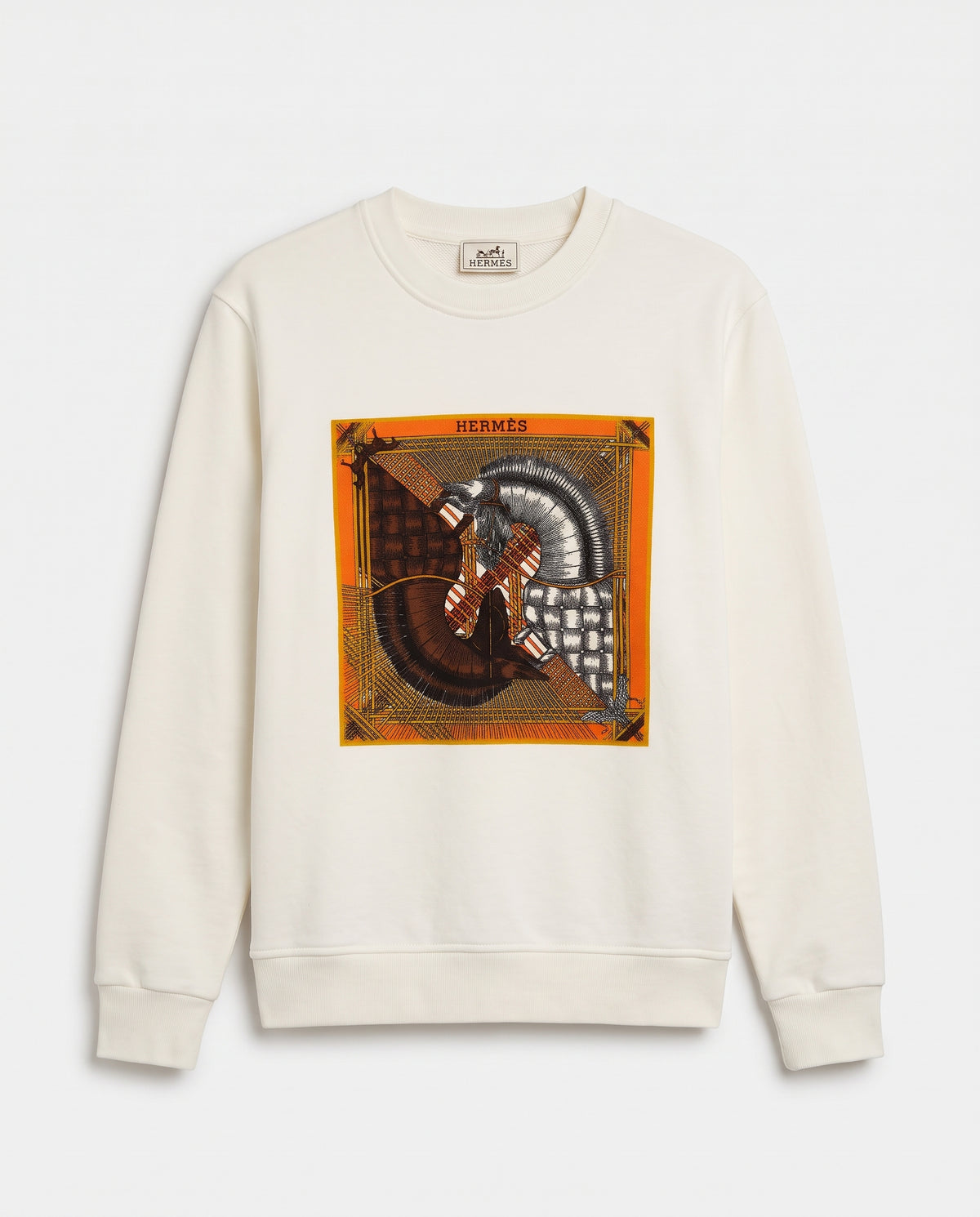 Hermès Equestrian Scarf Print Crewneck Sweatshirt – White
