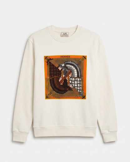 Hermès Equestrian Scarf Print Crewneck Sweatshirt – White