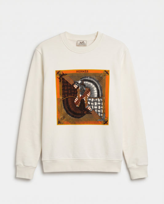 Hermès Equestrian Scarf Print Crewneck Sweatshirt – White