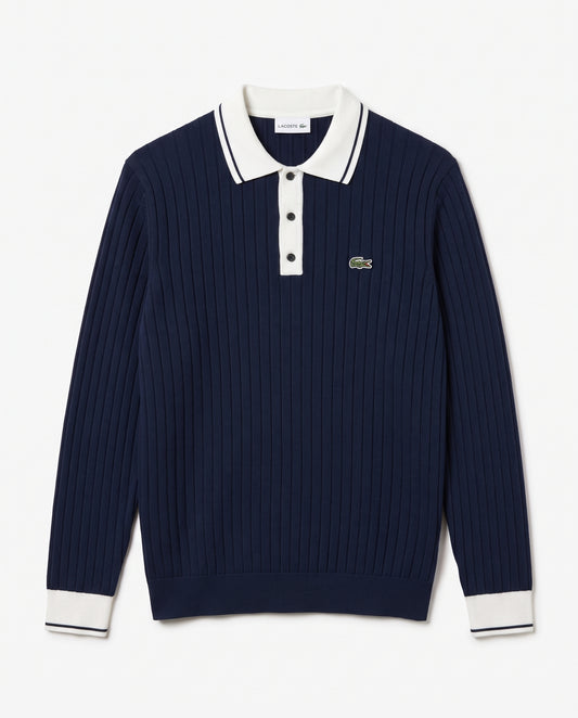 Lacoste Ribbed Knit Polo with Contrast Collar