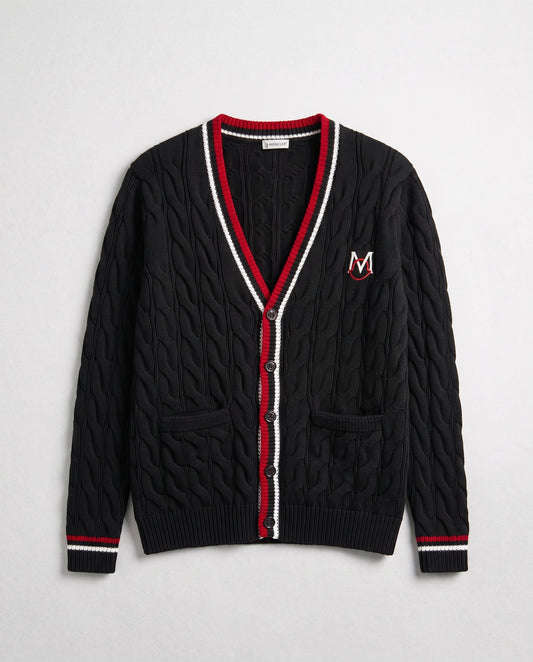 Moncler Cable Knit Cardigan with Striped Trim