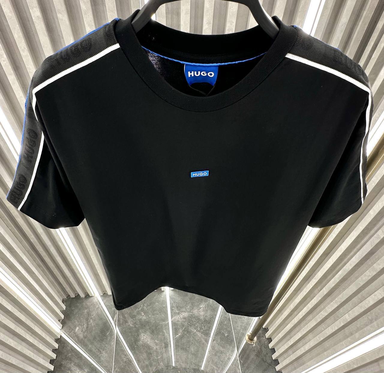 HUGO Black T-Shirt with Blue Logo & Branded Shoulders