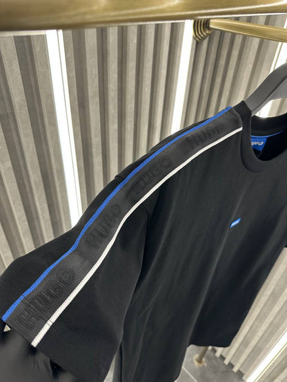 HUGO Black T-Shirt with Blue Logo & Branded Shoulders