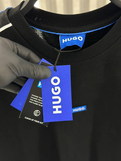 HUGO Black T-Shirt with Blue Logo & Branded Shoulders