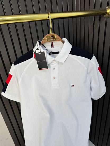 TOMMY HILFIGER White Polo with Color Block Shoulders