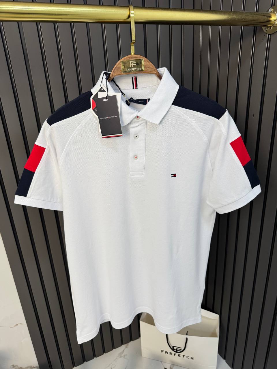 TOMMY HILFIGER White Polo with Color Block Shoulders