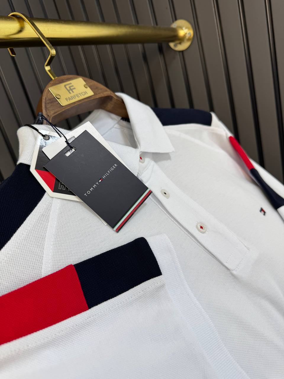 TOMMY HILFIGER White Polo with Color Block Shoulders