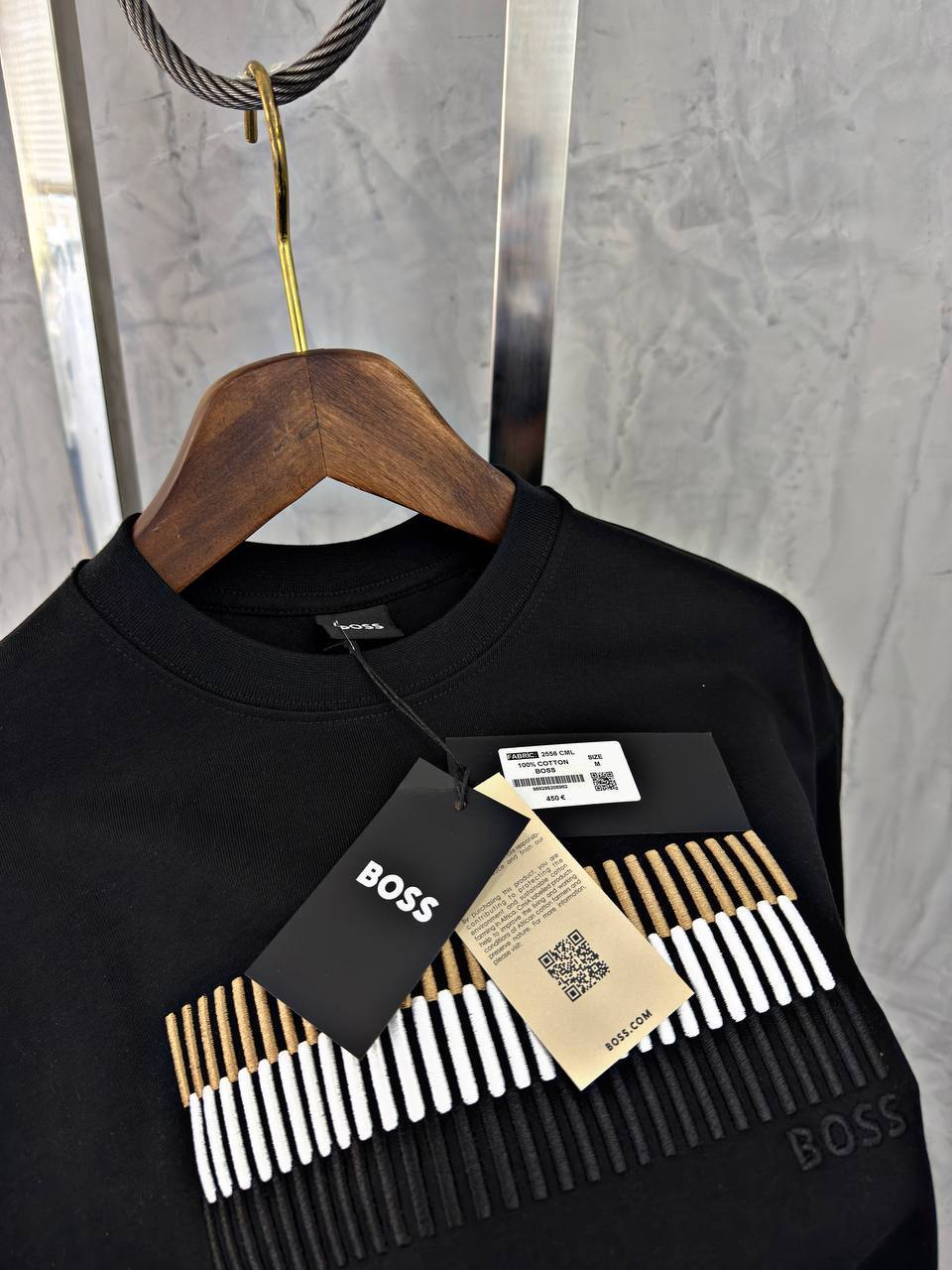 BOSS Black T-Shirt with Gold & White Bar Detail