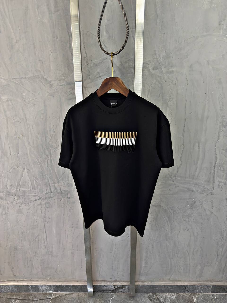 BOSS Black T-Shirt with Gold & White Bar Detail