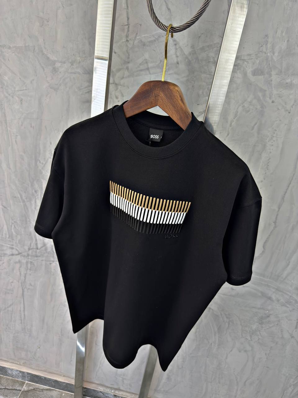BOSS Black T-Shirt with Gold & White Bar Detail