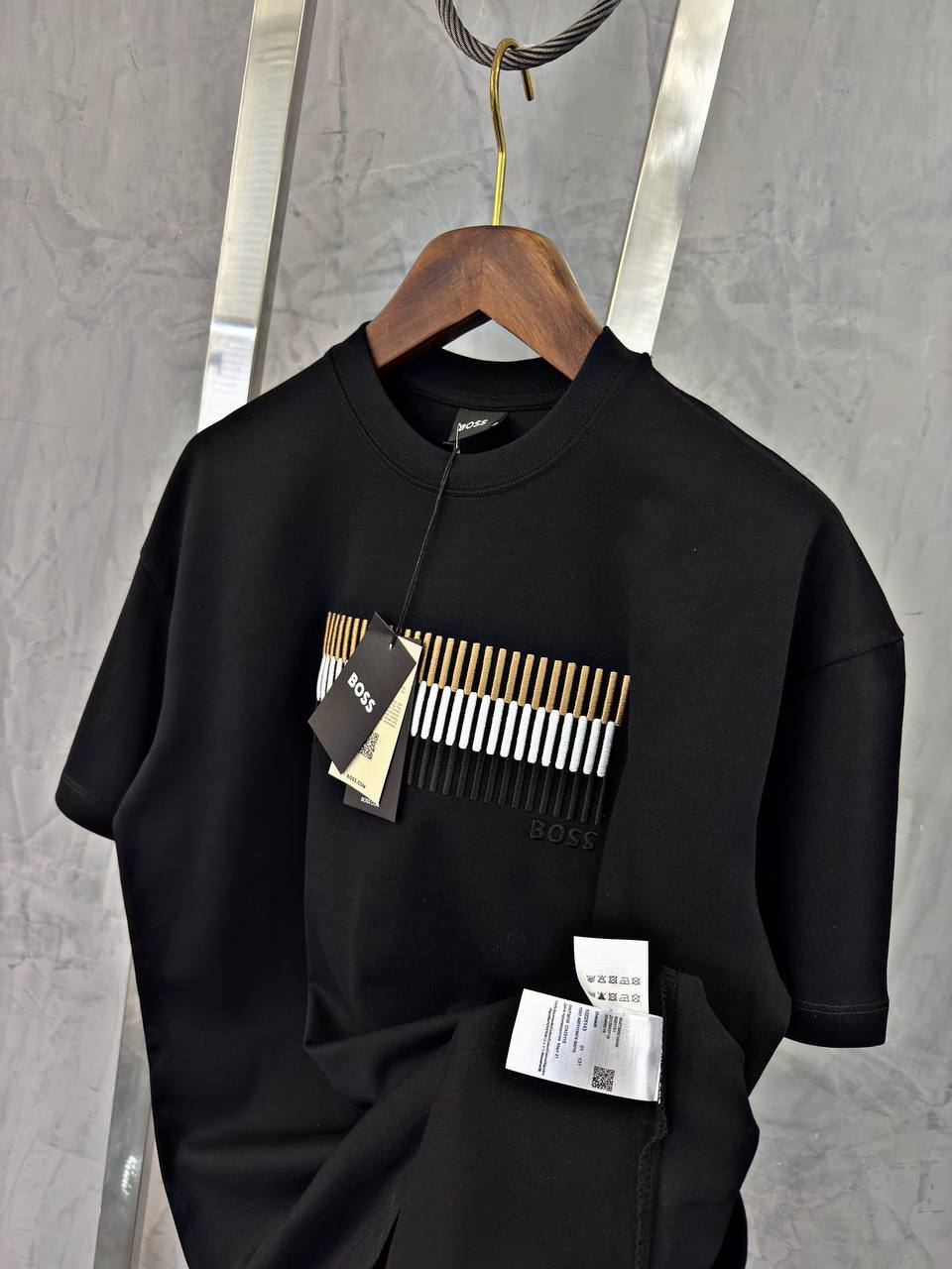 BOSS Black T-Shirt with Gold & White Bar Detail