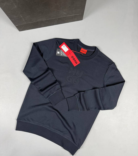 HUGO BOSS Embossed Logo Navy Blue Crewneck Sweatshirt