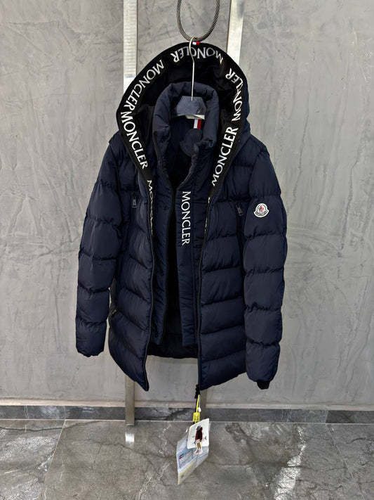 Moncler Navy Blue Down-Filled Puffer Jacket with Logo Hood