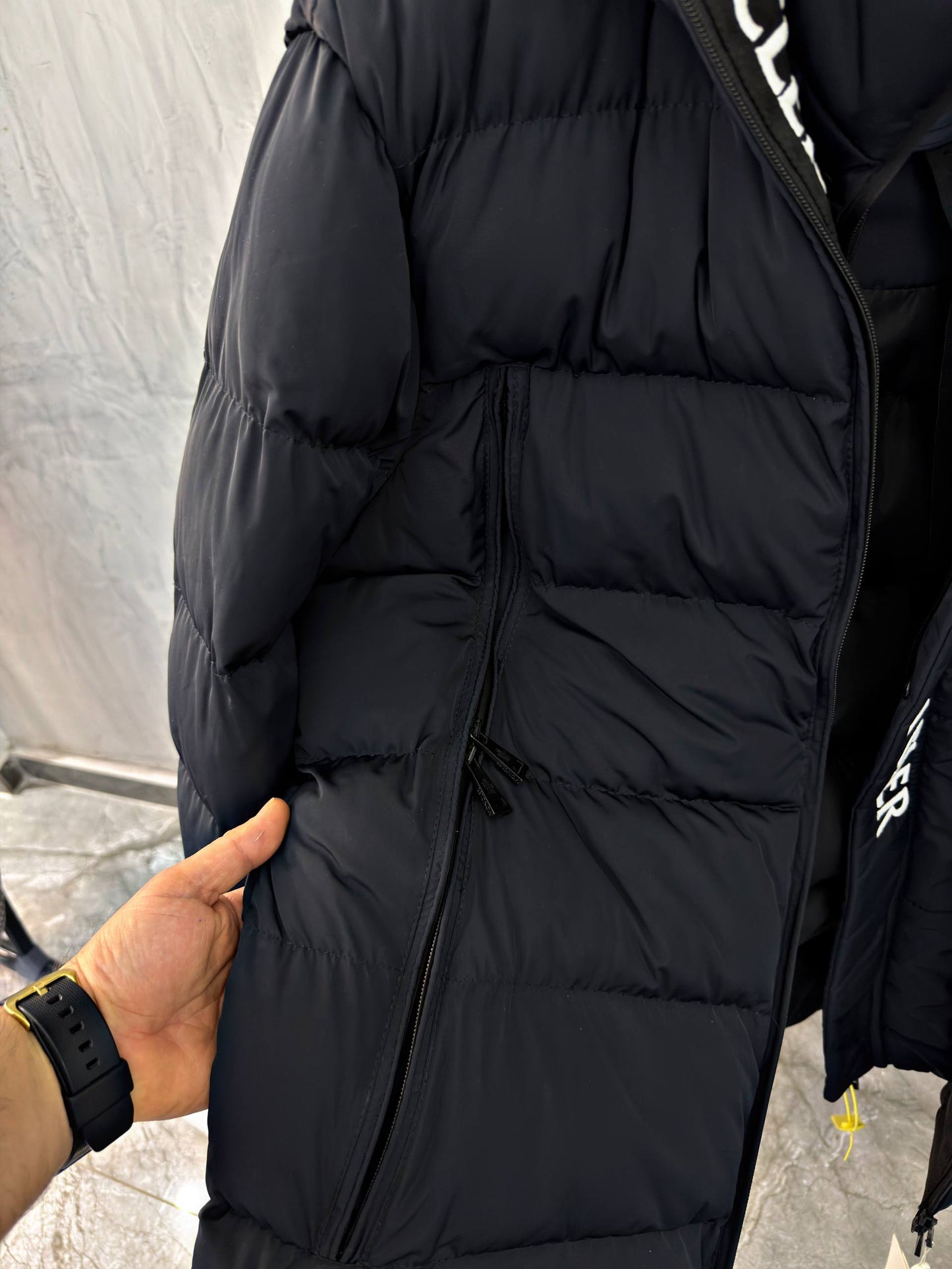 Moncler Navy Blue Down-Filled Puffer Jacket with Logo Hood
