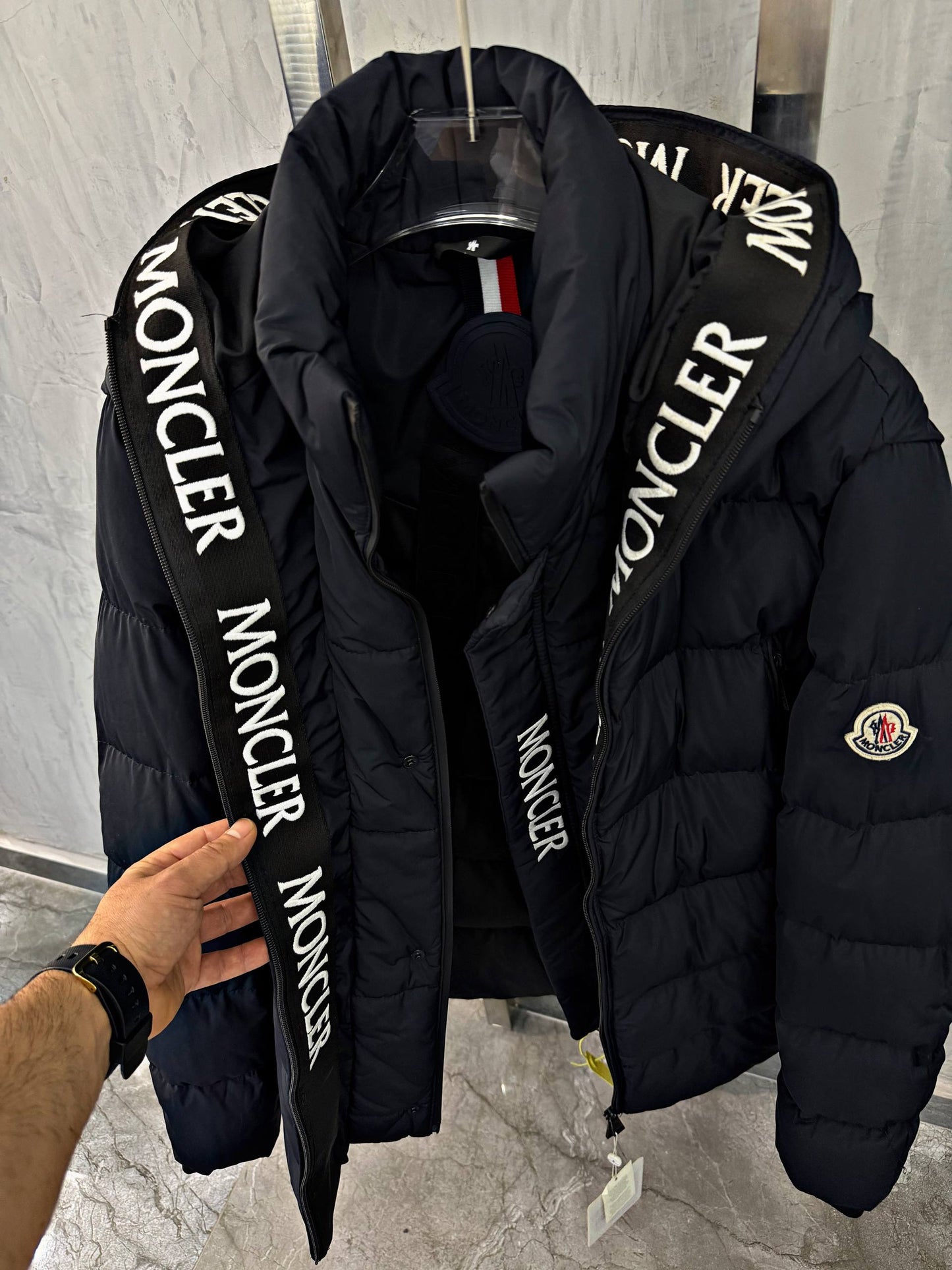 Moncler Navy Blue Down-Filled Puffer Jacket with Logo Hood