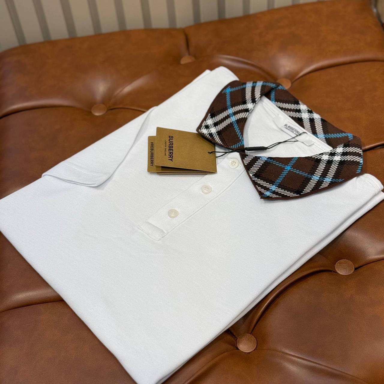Burberry Check Collar Polo Shirt – White