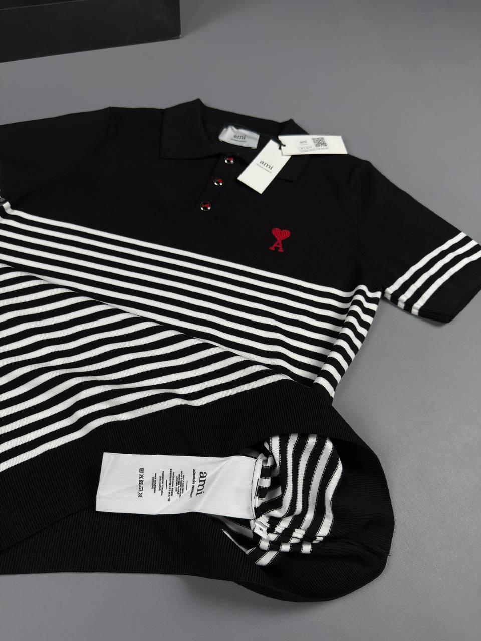 AMI Paris Striped Polo Shirt – Black