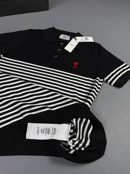 AMI Paris Striped Polo Shirt – Black