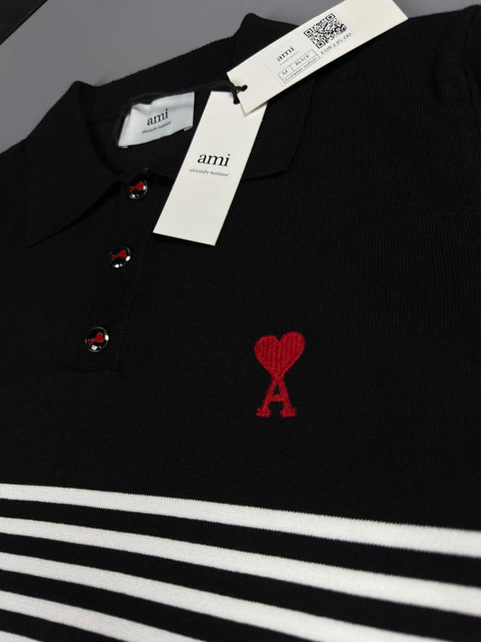 AMI Paris Striped Polo Shirt – Black