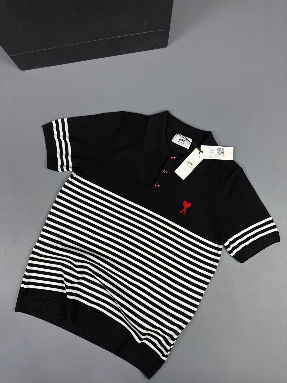 AMI Paris Striped Polo Shirt – Black