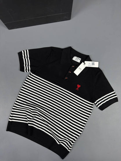 AMI Paris Striped Polo Shirt – Black