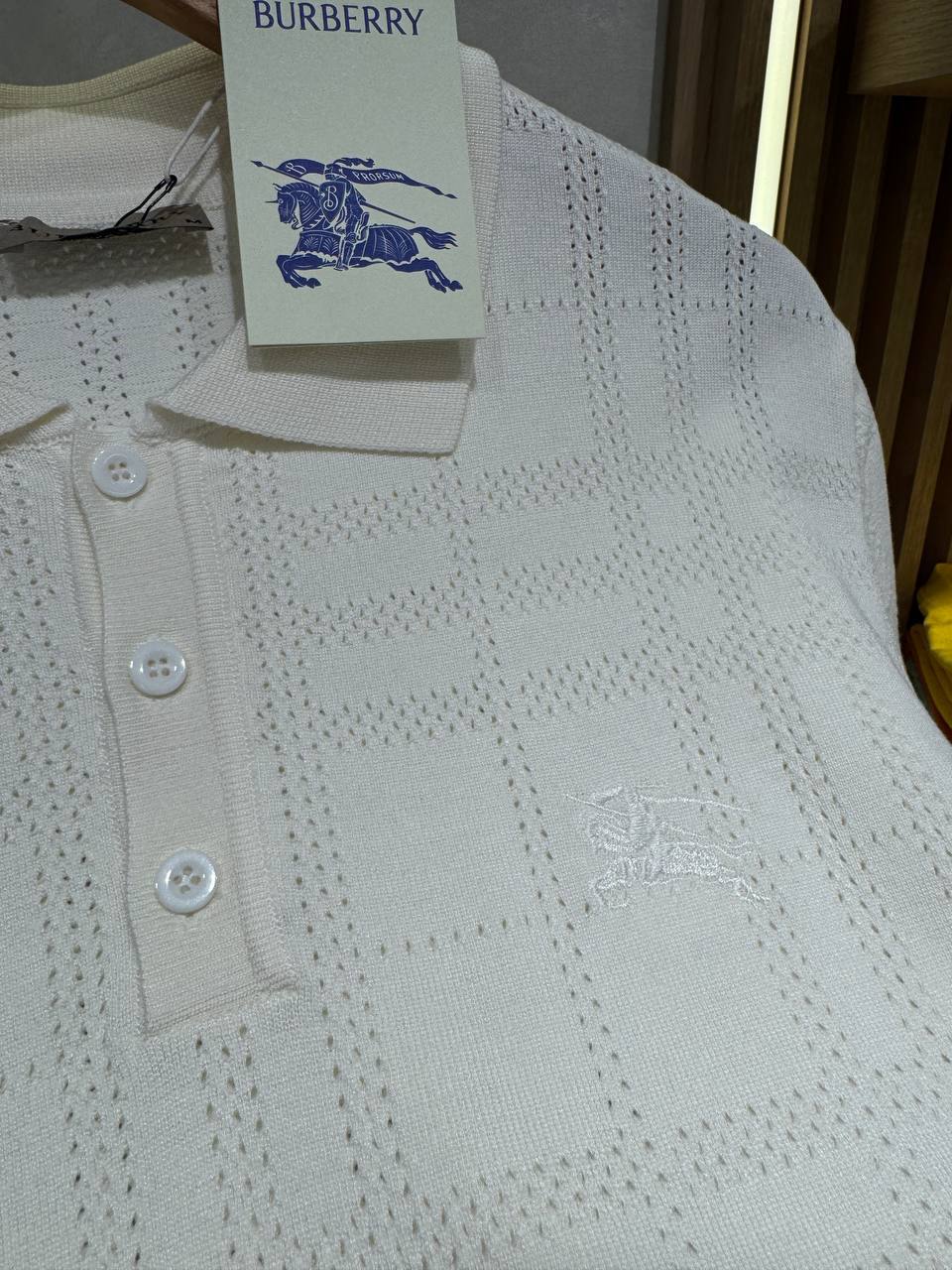 Burberry Check Knit Polo Shirt – Off White
