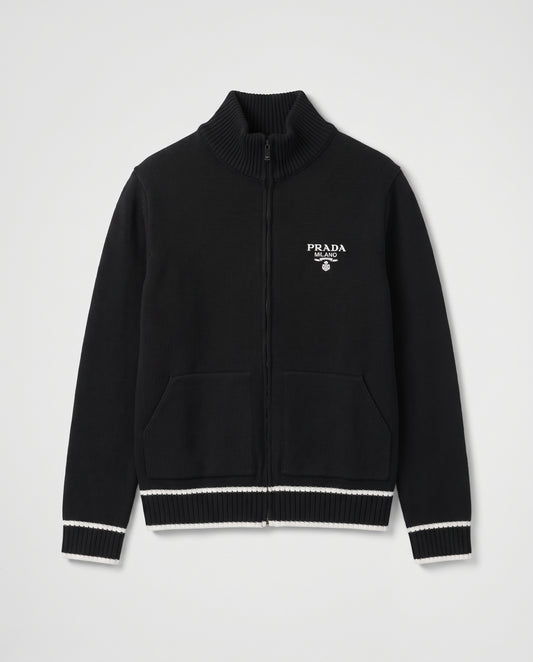 Prada Full-Zip Knit Cardigan with Contrast Tipping